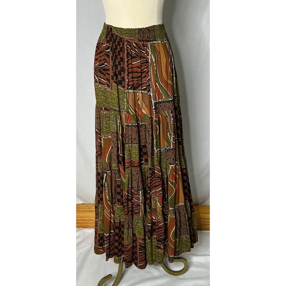 Silk‎ Stop Originals Boho Patchwork Maxi Skirt Brown Green Earth Tones Size S